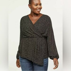 Lane Bryant Faux Wrap Peplum Metallic Gold Foild Long Sleeve Top Sz 20